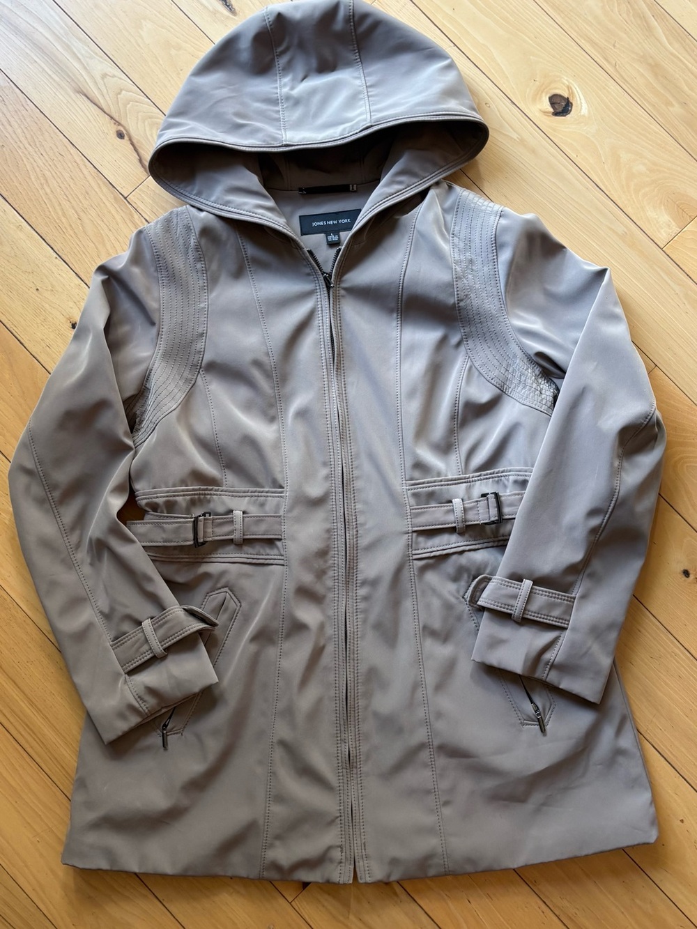 Jones New York Taupe Hooded Soft Shell Zip-Front Trench Coat